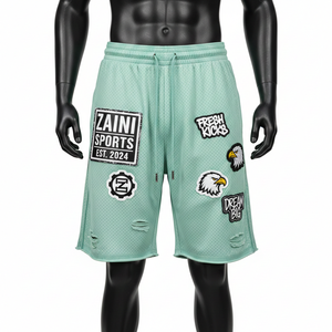 กางเกงขาสั้นกีฬาผ้าตาข่ายเนื้อนุ่มคุณภาพสูง 180GSM สีเขียวมิ้นท์ ปักโลโก้ด้วยเทคนิคฮีททรานเฟอร์ สำหรับออกกำลังกาย กางเกงขาสั้นตาข่ายผู้ชาย - Product Image 6