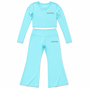 OEM Women Sky Blue <b>Yoga</b> Set Fitted Long Sleeve Crop Tee High Waist Bell Bottom <b>Leggings</b> Studio Gym Activewear Trendy Workout Set - Product Image 3