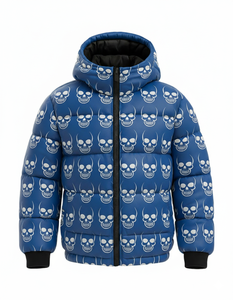 Blouson matelassé à capuche pour homme, imprimé crâne bleu, chaud pour l'hiver, style streetwear, vente en gros personnalisée - Product Image 1