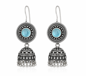 Pendientes Jhumka Tribales de Plata Oxidada India con Calcedonia Aqua |   Joyería Bohemia al por Mayor - Product Image 2