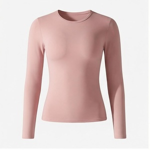 Haut de yoga rose uni à col rond et manches longues, respirant, en spandex et polyester, sans couture, vêtements de sport pour femmes - Product Image 1
