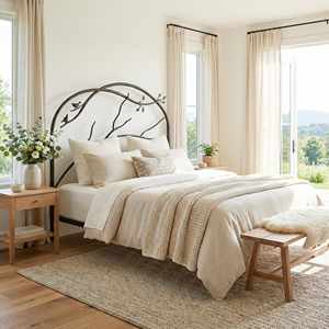 เตียงเหล็กงานฝีมือประณีต พร้อมลวดลายกิ่งไม้ตีขึ้นรูปด้วยมือ ตกแต่งหัวเตียงด้วยรูปนก และเฟอร์นิเจอร์ห้องนอนระดับพรีเมียม - Product Image 1