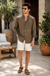 Chemise décontractée pour homme en lin, col montant, vert olive, manches longues, coupe ample, respirante, pour l'été et la plage, taille 3XL - Product Image 4