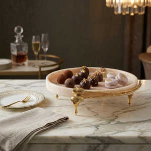 White Marble Serving <b>Tray</b> Decorative Pedestal <b>Tea</b> <b>Tray</b> with Leaf Design Handle for Afternoon <b>Tea</b> Table Decor Round Shape <b>Tray</b> - Product Image 4