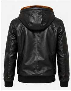 <b>Men's</b> <b>Leather</b> Bomber <b>Jacket</b> With <b>Faux</b> Fur Collar Zipper Closure - Product Image 4