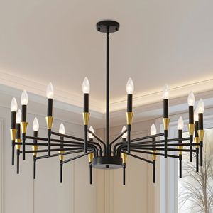Lámpara de Araña Moderna de 37.63 Pulgadas, Estilo Granja, 16 Luces, Color Negro y Dorado, Lámpara Colgante Grande Tipo Vela para Mesa de Comedor, Diseño Exclusivo de Livi - Product Image 2