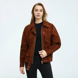 <b>Women's</b> Brown Suede Bomber <b>Jacket</b> With Zipper Closure Turn-down Collar Autumn Style Regular Fit <b>Smart</b> Range <b>Women's</b> Western - Product Image 1