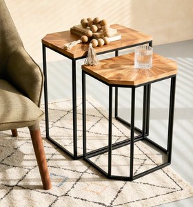 Handmade <b>Wooden</b> Set of 2 Nesting Coffee Tables Metal Leg Corner Side Tables <b>Stool</b> Flower Stand Farmhouse Living Room Bedroom - Product Image 3