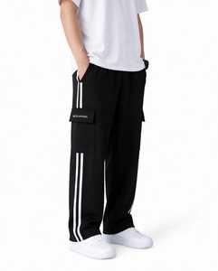 ONETEN APPAREL <b>Men's</b> Black Polyester Lightweight Embroidered Sweatpants <b>White</b> Side Stripe Cargo Pocket <b>Joggers</b> Casual Trousers - Product Image 2