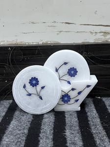 Juego de Posavasos de Mármol Blanco Hechos a Mano con Soporte, Posavasos Redondos de Mármol con Incrustaciones Florales Azules para Bebidas, Té y Café - Product Image 4