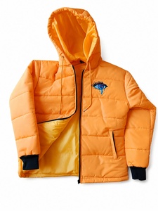 Orange Hooded Canvas Puffer <b>Jacket</b> with Front Logo Warm Quilted <b>Lightweight</b> <b>Waterproof</b> Eco-Friendly Fashion <b>Jacket</b> for <b>Men</b> Women - Product Image 4