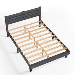 Dark Gray Linen-Like Upholstery Queen Size Tufted <b>Platform</b> <b>Bed</b> <b>Frame</b> with Storage Soft Style and Horizontal Stripe Headboard - Product Image 2