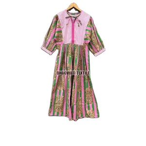 Venta al por mayor y fabricación Vestido largo estampado de bloques Cuello profundo con cuerda más cerca Rayas verdes Tigre Mini vestido Regalo para mujeres - Product Image 2
