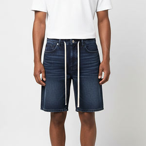 Pantalones Cortos de Mezclilla Personalizados Estilo Vintage con Cordones Largos, Cintura Elástica, Lavado, Dobladillo sin Rematar, 100% Algodón, Holgados, para Hombre - Product Image 4