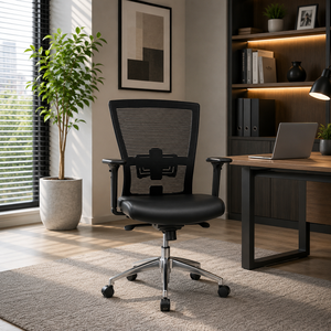 Chaise de bureau KINSHA en maille, ergonomique, accoudoirs réglables, base pivotante chromée, dossier ouvert, design contemporain, réglage de la hauteur électrique - Product Image 1