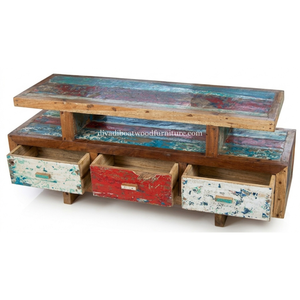 Meuble TV en bois de bateau récupéré, 3 tiroirs, design minimaliste et écologique, pour salon, avec conception durable - Product Image 4