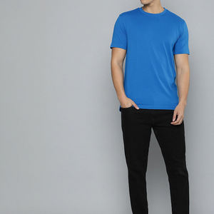 T-shirt en coton bleu pour homme, coupe classique, col rond, manches courtes, couleur unie, jersey tricoté décontracté - Product Image 3