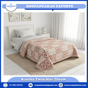 Boho Cotton Kantha Twin Quilt <b>Throw</b> 150x220 cm Hand Block Printed Hand Embroidered Indian Handmade Bedspread Home Textile Export - Product Image 2