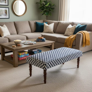 Otomana Tradicional Tapizada en Algodón 100% Ecológico, Hecha a Mano, Azul, para Sala de Estar, Entrada, Dormitorio, Apartamento, para Todas las Estaciones - Product Image 1