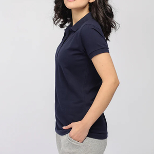 Polo à manches courtes pour femme de qualité supérieure, couleur unie, longueur normale, style décontracté, tissu tricoté, bleu marine - Product Image 5