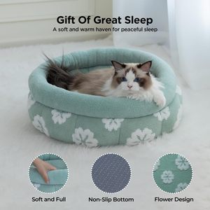 Luxury Heating Washable Round Cat Bed Cute 3D Floral Design Anti-Slip Bottom for Indoor Cats & Dogs 20" Green - Product Image 5