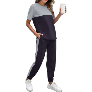 Women Color Blocked Knitted Sporty <b>Set</b> <b>Short</b> Sleeve O-Neck <b>Top</b> With Side Stripe Pants Breathable All Seasons Casual Wear - Product Image 3