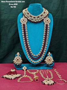 Traditional Heavy Rose Gold Bridal Accessories <b>Set</b> Red Crystal Choker Long Haram Necklace <b>Set</b> with Gemstone Drops - Product Image 1