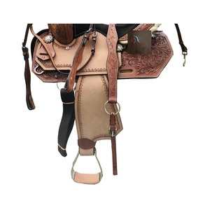 Tan Leather Western Barrel Horse Saddle Floral Hand Carved Padded Suede Seat Designer Conchos SS Fitting With Tack Set 10"-18" - Product Image 2