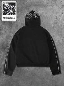 เสื้อฮู้ดซิปผู้ชายแบบครอปพิมพ์ลายแมงมุมประดับเพชร ผ้าฝ้ายฟลีซหนานุ่ม ทรงโอเวอร์ไซส์ สไตล์สตรีทแวร์ รับผลิตตามสั่ง - Product Image 2