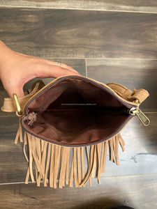 กระเป๋าหนังสไตล์ตะวันตกสไตล์ฮิปปี้โบโฮสีน้ำตาลกระเป๋าถือขนาดเล็กแบบถักขอบทำจากหนังกลับสำหรับผู้หญิงกระเป๋าสะพายไหล่ประดับพู่ - Product Image 6