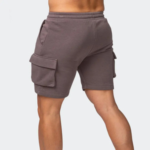 Shorts cargo gris uni en coton pour homme, taille mi-haute avec cordon de serrage, style décontracté, longueur bermuda, poches, tissu respirant - Product Image 4