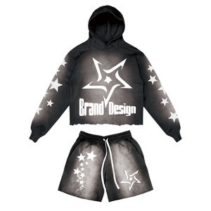 Custom Logo Men's <b>Sets</b> Sun Faded Raw Hem Two Piece Sweat Jogger Acid Wash Hoodies and Shorts <b>Set</b> for Men CustomMade Short <b>Sets</b> - Product Image 3