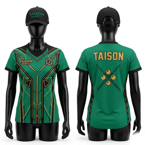 Camiseta de snooker para mujer, premium, 180 GSM, poliéster, tela transpirable, verde, negro, dorado, diseño geométrico de paneles, impresión por sublimación, personalizada - Product Image 1