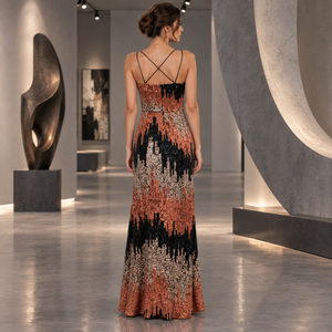 Vestido de Noche Moderno con Lentejuelas para Mujer |   Vestido de Fiesta Formal de Lujo con Tirantes Finos, Cuello en V, Adornado con Lentejuelas, Corte en A, Sin Mangas - Product Image 2