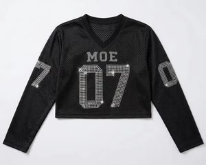 Maillot de football américain unisexe noir en maille à manches trois quarts, personnalisé avec strass thermocollés, col en V ample, motif drapeau, grande taille, scintillant - Product Image 1