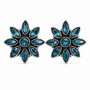 Fast Shipping Brass Ethnic Oxidized Silver Zircon Flower <b>Blue</b> Stone Bezel Setting Statement <b>Stud</b> <b>Earrings</b> Factory Supply - Product Image 6