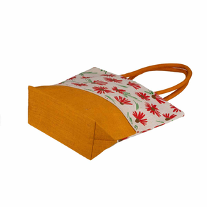 Jute Shopping <b>Bag</b> <b>Medium</b> <b>Size</b> Red Flower Pattern Orange Handle Reusable Tote for Groceries - Product Image 2