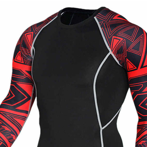 Ensemble de vêtements de sport pour homme, t-shirt à manches longues et leggings longs, couleur unie noir/rouge, antibactérien, spandex, taille élastique - Product Image 6