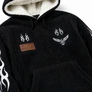 Custom Black Sherpa Lined White Tribal Flame <b>Sleeve</b> Embroidery Oversized Polar Fleece <b>Hoodie</b> - Product Image 5