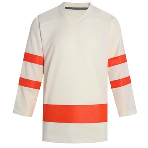 Jersey de Hockey sobre Hielo Personalizado para Hombre, Blanco con Rayas Rojas, Cuello en V, Manga Tres Cuartos, Malla Transpirable, Ropa Deportiva para Adultos - Product Image 1