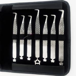 Pince à épiler pour extensions de cils RMI Silver Shin, poignées plates/diamantées, acier inoxydable et couleur noire, kit de 14 pinces. - Product Image 5