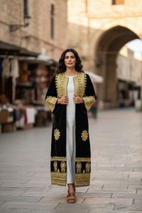 Black Velvet Embroidered <b>Kaftan</b> Long Sleeve Knee Length Loose Fit Women's Dress With Gold Geometric Pattern Winter Casual Dress - Product Image 6
