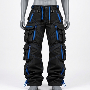 Pantalon cargo noir pour homme avec fermetures éclair contrastantes bleues, multi-poches, style streetwear, coupe ample, personnalisable OEM ODM, vente en gros - Product Image 4
