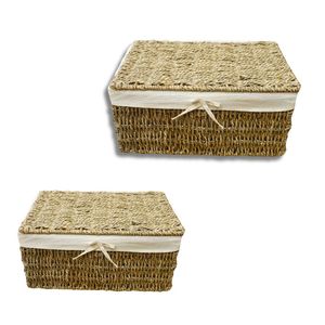 Wicker SEAGRASS <b>STORAGE</b> <b>BASKET</b> with Lid <b>Rectangle</b> Organizer for Shelf <b>Storage</b> - Product Image 1