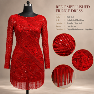 Minivestido Rojo Radiante con Adornos, Cuello Barco y Mangas Largas |   Vestido de Fiesta Ajustado con Lentejuelas, Cuentas, Flecos Florales y Dobladillo con Volantes - Product Image 5