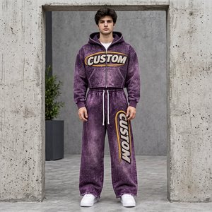 Conjunto de Ropa Urbana Vintage Personalizada para Hombre, Sudadera con Capucha Lavada al Ácido, Pantalones Deportivos Anchos con Pedrería y Chenilla - Product Image 2
