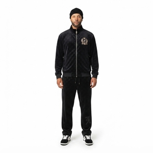 Men's Black Cotton Velour Breathable Anti-Pilling Heavyweight <b>Tracksuit</b> 320GSM <b>90s</b> Heritage Streetwear 2-Piece Sweatsuit Regular - Product Image 1
