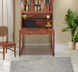 Tall Wooden <b>Computer</b> <b>Desk</b> with Bookshelf |Solid Wood Home Office <b>Desk</b> with Glass Door Hutch | Jodhpur Export - Product Image 6