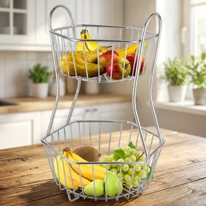 Corbeille à fruits à 2 niveaux en acier inoxydable, support de rangement pour légumes, organisateur de comptoir de cuisine, support de table à manger - Product Image 5