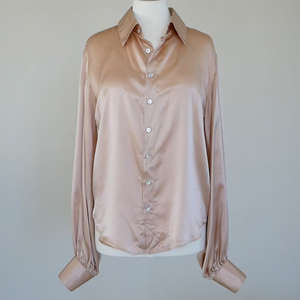 Chemisier en Soie pour Femme à Manches Longues, Col Revers, Boutonné, Couleur Unie, Tendance, Élégant, pour le Bureau, en Soie de Mûrier - Product Image 1